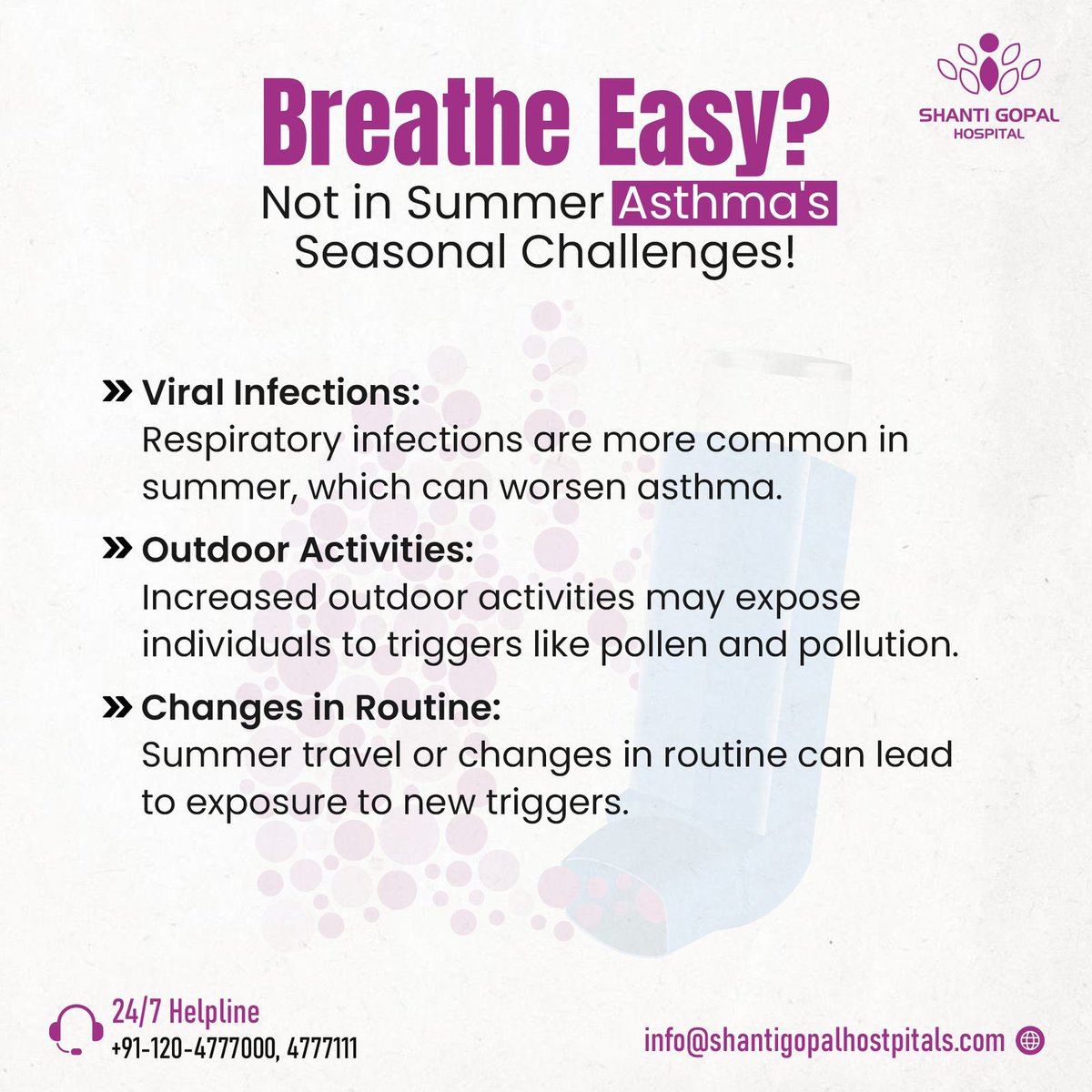 Summer brings warmth and sunshine, but for asthma sufferers, it also presents unique challenges. As temperatures rise, so do the levels of allergens like pollen and mold spores, which can trigger asthma symptoms. 
#shantigopalhospital    #asthamacure