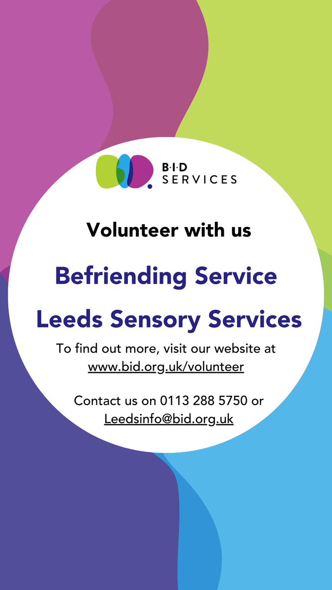 Leeds Sensory Services (@bidleeds) on Twitter photo Interested in volunteering? Would you like to join our team of amazing volunteers?
We are in need of #volunteers to join our befriending team.
To find out more, visit our website at bid.org.uk/volunteering/
Contact us on 0113 288 5750 or Leedsinfo@bid.org.uk Interested in volunteering? Would you like to join our team of amazing volunteers?
We are in need of #volunteers to join our befriending team.
To find out more, visit our website at bid.org.uk/volunteering/
Contact us on 0113 288 5750 or Leedsinfo@bid.org.uk