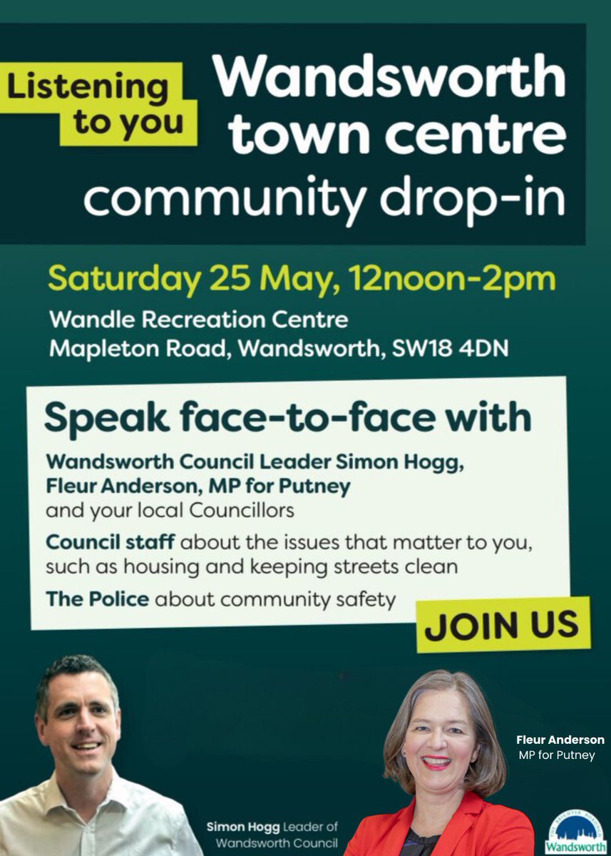 Join Wandsworth Council leader Simon Hogg, Council staff, Police and I this Saturday in Wandsworth Town. Drop in between 12noon and 2pm to the Wandle Recreation Centre for any concerns you have.