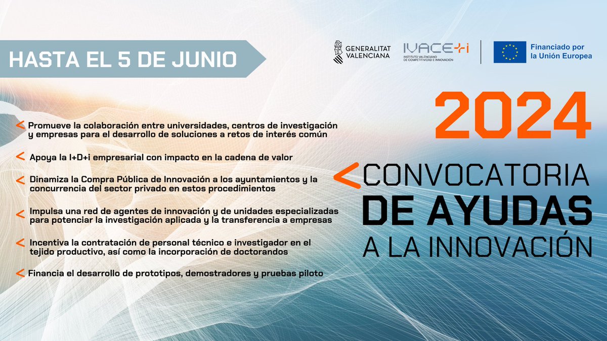 💡Ivace+i Innovación abre su convocatoria de ayudas en concurrencia competitiva a proyectos de I+D+i
  
 6⃣programas de ayuda
✅Para empresas, universidades, centros tecnológicos e investigación y ayuntamientos
 🪙  49 millones  
⏳Hasta el 5-J
➕info: bit.ly/convo_innovaci…