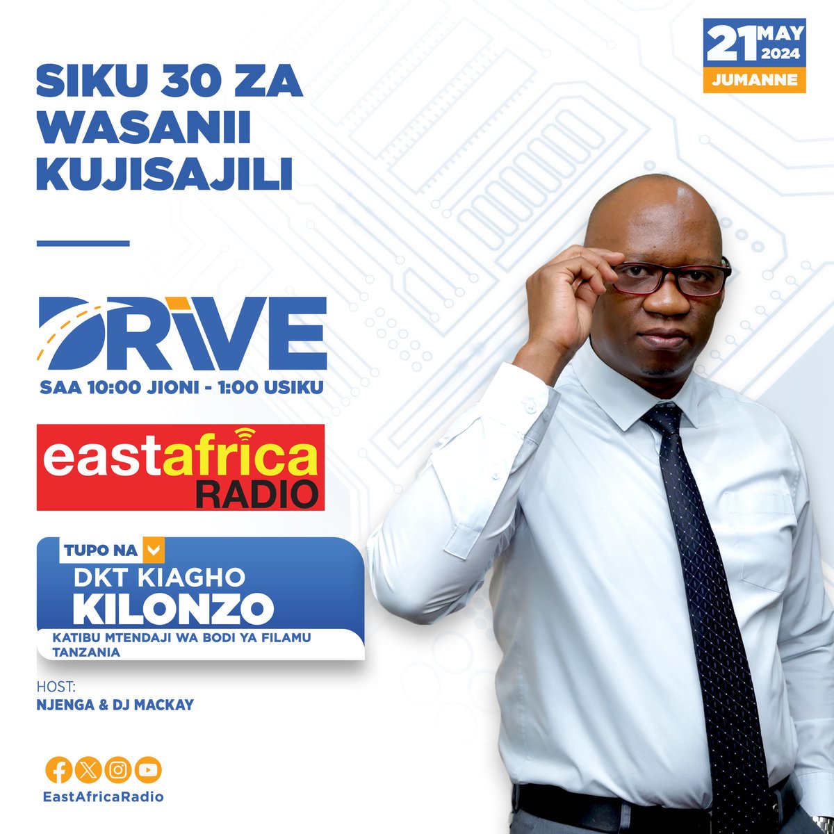 earadiofm's tweet photo. #DriveShow: Leo Jumanne kwenye Drive Show ya East Africa Radio tuko na Dkt. Kiacho Kilonzo, Katibu Mtendaji wa Bodi ya Filamu hapa nchini tukijadili mambo mbalimbali, kubwa ni siku 30 za wasanii kujisajili.
Ni kuanzia saa 10:00 jioni, usikose.
#NdingaMpyaTown #DriveShow #Filamu https://t.co/VeaPv9WVsz