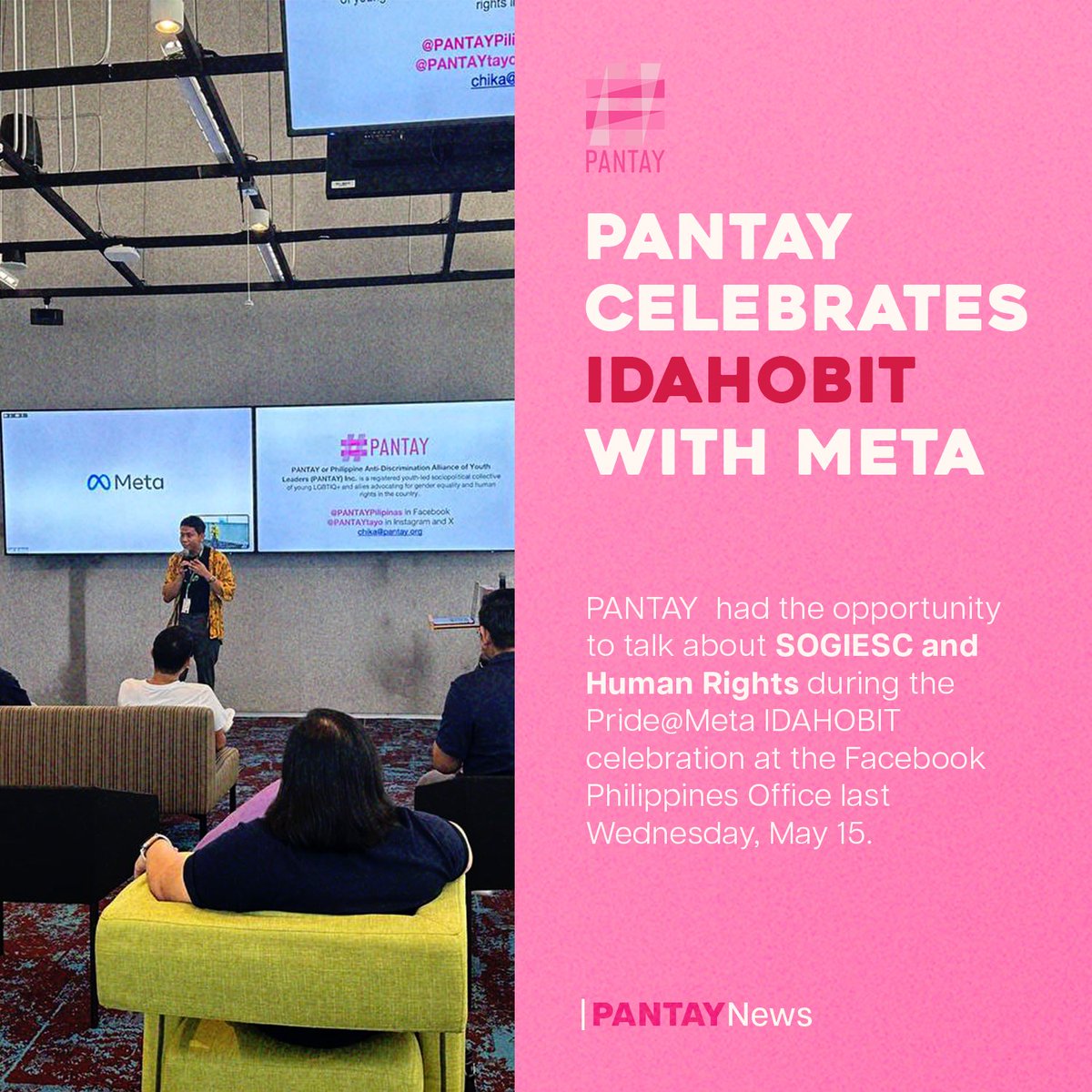 Last May 15, #PANTAY joined META's celebration of the International Day Againts Homophobia, Biphobia, Intersexphobia, and Transphobia, having been given the opportunity to talk about the essence of SOGIESC and Human Rights ✊🏼🌈

#PANTAYtayo
#IDAHOBIT2024