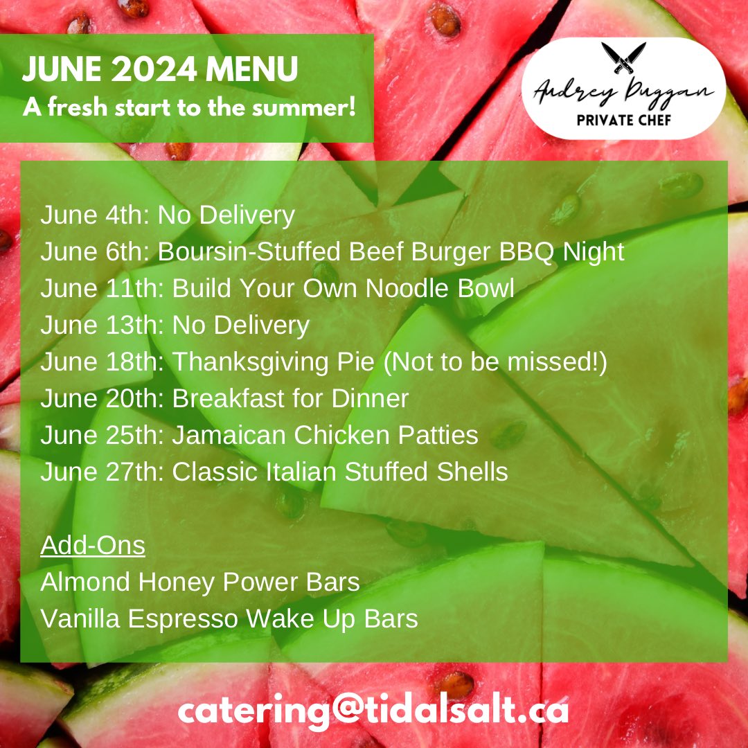 Here it is, Audrey’s June Menu! We’ve had our regulars snap up most of the spots but there’s definitely still a few left! Drop Audrey a line at the email in the image and secure your spot today! 

The Thanksgiving Pie is a sure-fire hit!
#novascotia #antigonish