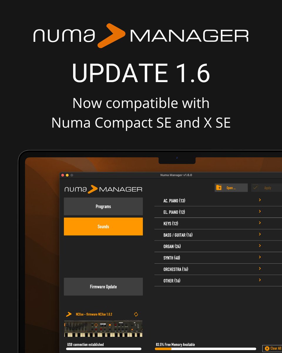 Numa Manager 1.6 includes full compatibility with Numa Compact SE and X SE and some improvements under the hood. 
Get it for free!
studiologic-music.com/support/articl…