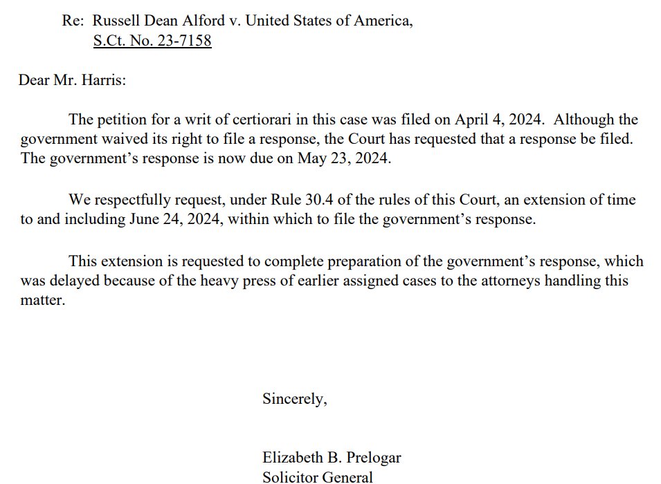 US Solicitor General Prelogar--last seen misleading SCOTUS on DOJ's sentencing recs for 1512c2 convictions--just asked for an extension to file a SCOTUS-ordered reply in Russell Alford's petition for writ of cert for his J6 misdemeanor conviction. SCOTUS granted extension: