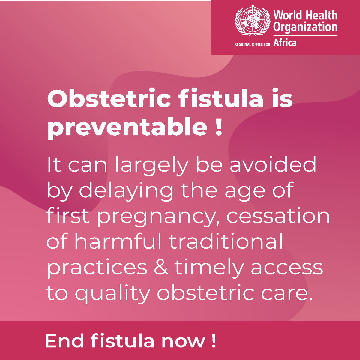 Obstetric fistula can be prevented by:

🕒 Delaying the age of first pregnancy.
🚫 Ending harmful traditional practices.
🏥 Ensuring timely access to obstetric care.

This preventable condition needs our attention NOW! 

#EndObstetricFistula