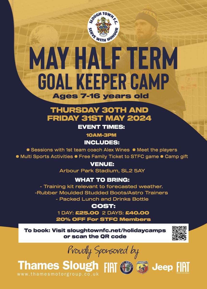 We have a separate goalkeeper camp lined up during half term, on Thursday 30th and Friday 31st May! ⚽️ The cost for both days is just £40, with Slough Town Members receiving 20% off! Visit sloughtownfc.net/holidaycamps to register for our camps. #OneSlough