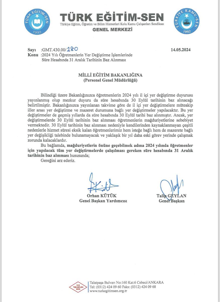 Öğretmenlerimizin 2024 yılı yer değiştirme başvurularında hizmet süresi hesabında 31 Aralık tarihinin baz alınması talebiyle 14 Mayıs’ta <a href="/tcmeb/">Millî Eğitim Bakanlığı</a> ’e başvuruda bulunmuştuk.
Meslektaşlarımızın yoğun bir talep ve beklentisi sözkonusudur.
Bakanlık, eğitim hizmetini aksatmayacak bu