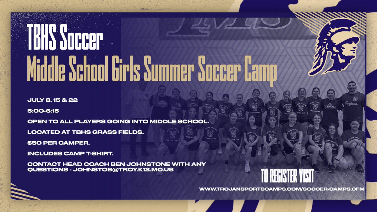 Calling all middle school girls who love ⚽️

Come join us this summer to enjoy the beautiful game. 😀

trojansportscamps.com/soccer-camps.c…
