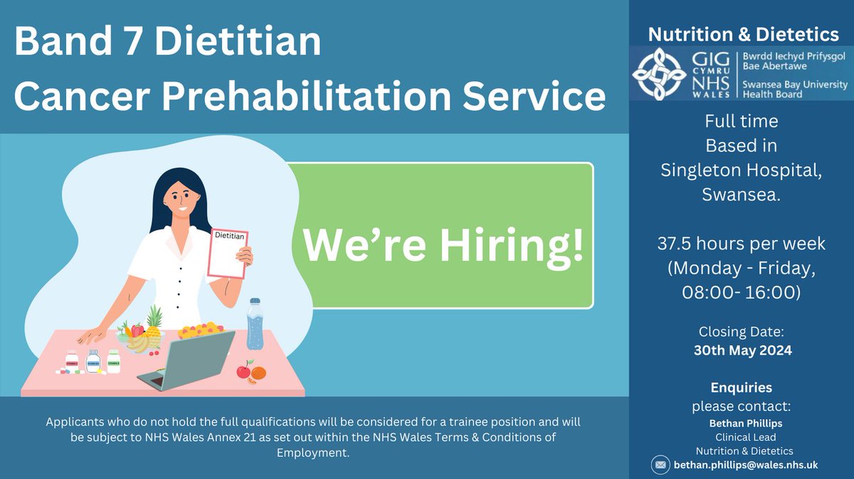 Swansea Bay UHB Dietetics (@sbuhbdietetics) on Twitter photo Come and join the team! Band 7 Prehabilitation Dietitian post. This is offered as an annexe 21 position for applicants who do not hold the full qualifications. Please get to touch to know more. jobs.nhs.uk/candidate/joba… <a href="/SwanseaBayjobs/">Swansea Bay NHS Recruitment</a> Come and join the team! Band 7 Prehabilitation Dietitian post. This is offered as an annexe 21 position for applicants who do not hold the full qualifications. Please get to touch to know more. jobs.nhs.uk/candidate/joba… <a href="/SwanseaBayjobs/">Swansea Bay NHS Recruitment</a>