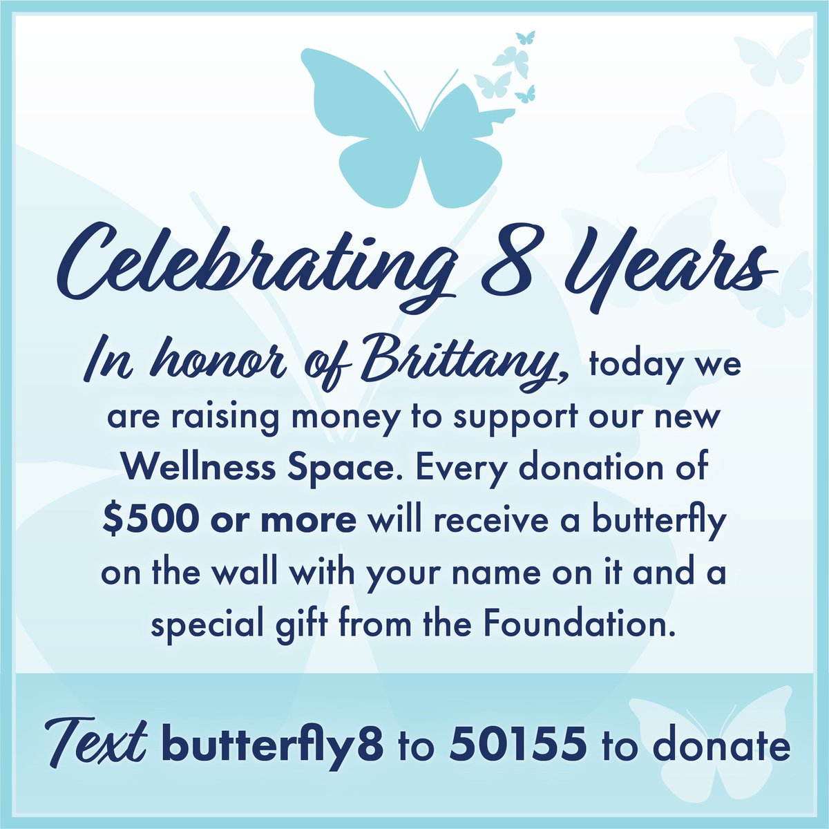 Congratulations to our co-founder, Brittany, on 8 years of sobriety!  We are thrilled to begin working on our next project, the Horschel Family Foundation Wellness Space. Today, in honor of Brittany & her journey, we are raising funds to support this new space & upcoming programs