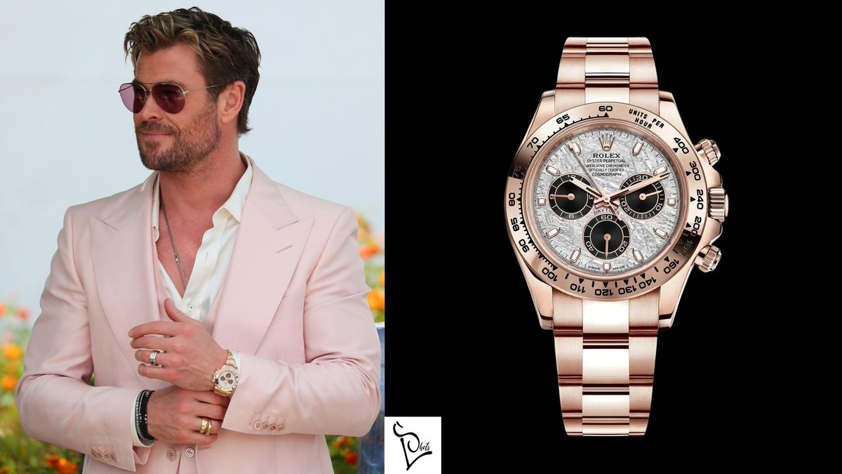 Australian actor @chrishemsworth is wearing a #Rolex Cosmograph Daytona Reference 116505-0014 in 18k rose gold. This 40mm timepiece features a meteorite dial with black sub dials with a full rose gold oyster bracelet. Market Price : $130,000 #ChrisHemsworth #cannes2024