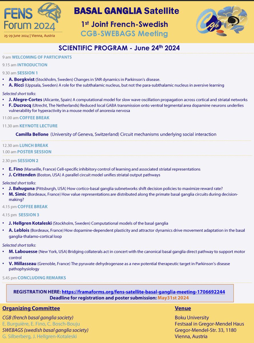 I'll be presenting my work at the #FENS2024 Basal Ganglia Satellite Meeting! I'm looking forward to sharing and discussing my work on modelling cortico-striatal Slow Waves.
 If you will be around, come and say hi!
Thanks to @GanglionsBase and @SWEBAGS_1 for organizing this event!