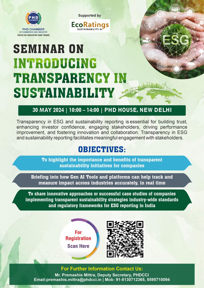 Join us for a transformative seminar on 'Introducing Transparency in Sustainability'! Discover innovative approaches and best practices on May 30th, 2024, from 10:00 AM to 02:00 PM. Don't miss out! Scan to register! #phdcci #SustainabilitySeminar #TransparencyInSustainability