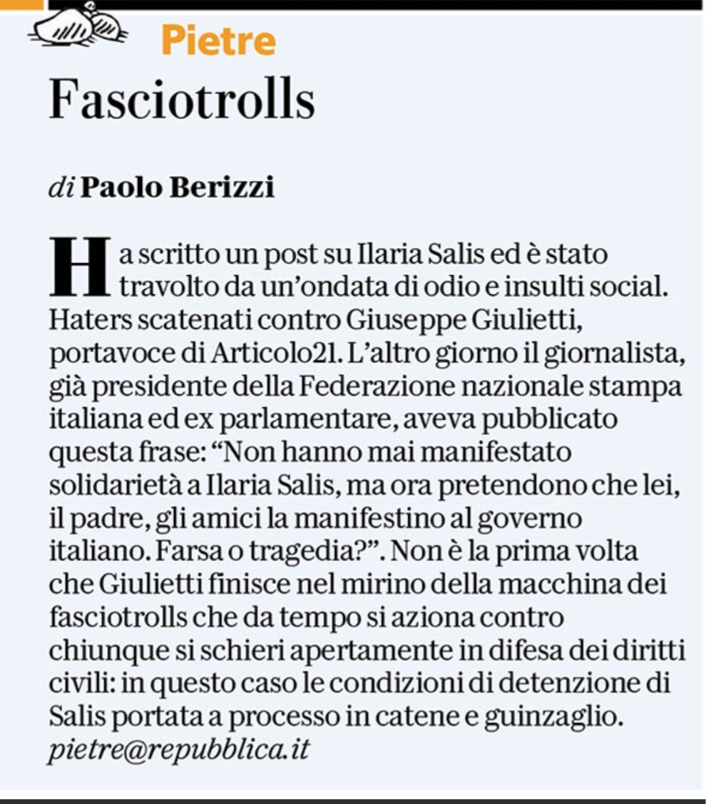 I fasciotrolls che molestano @BeppeGiulietti e @Artventuno . #Pietre @repubblica