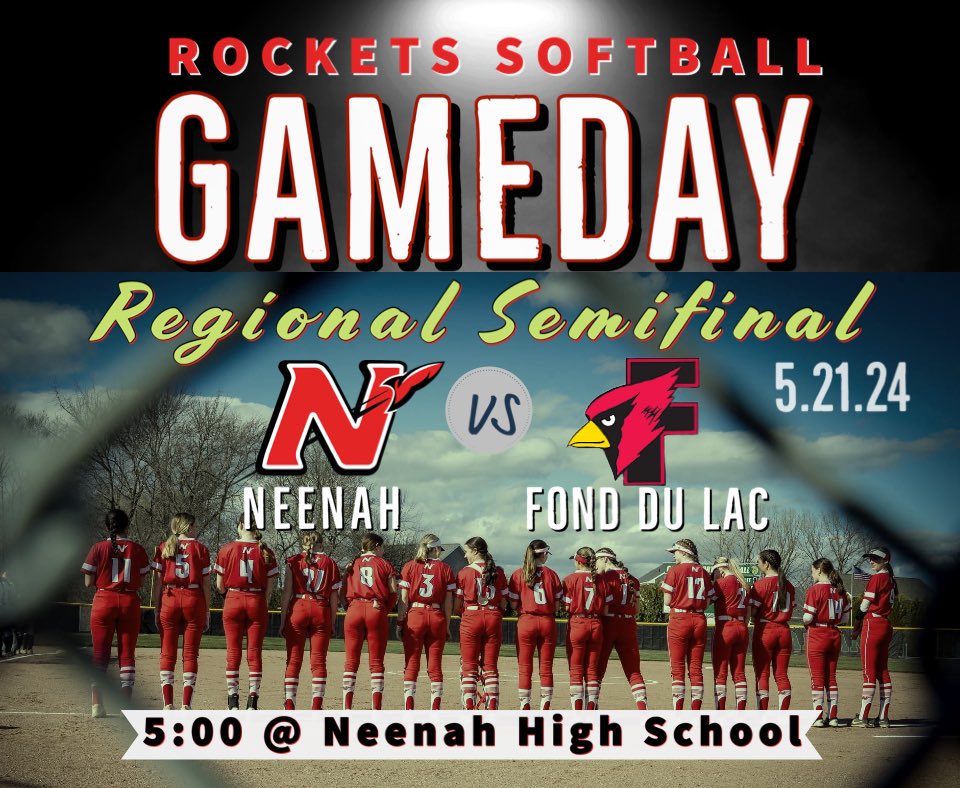 Here. We. Go‼️Neenah will host Fondy in the Regional Semifinal at 5:00 TONIGHT‼️Come on out and support🚀🥎