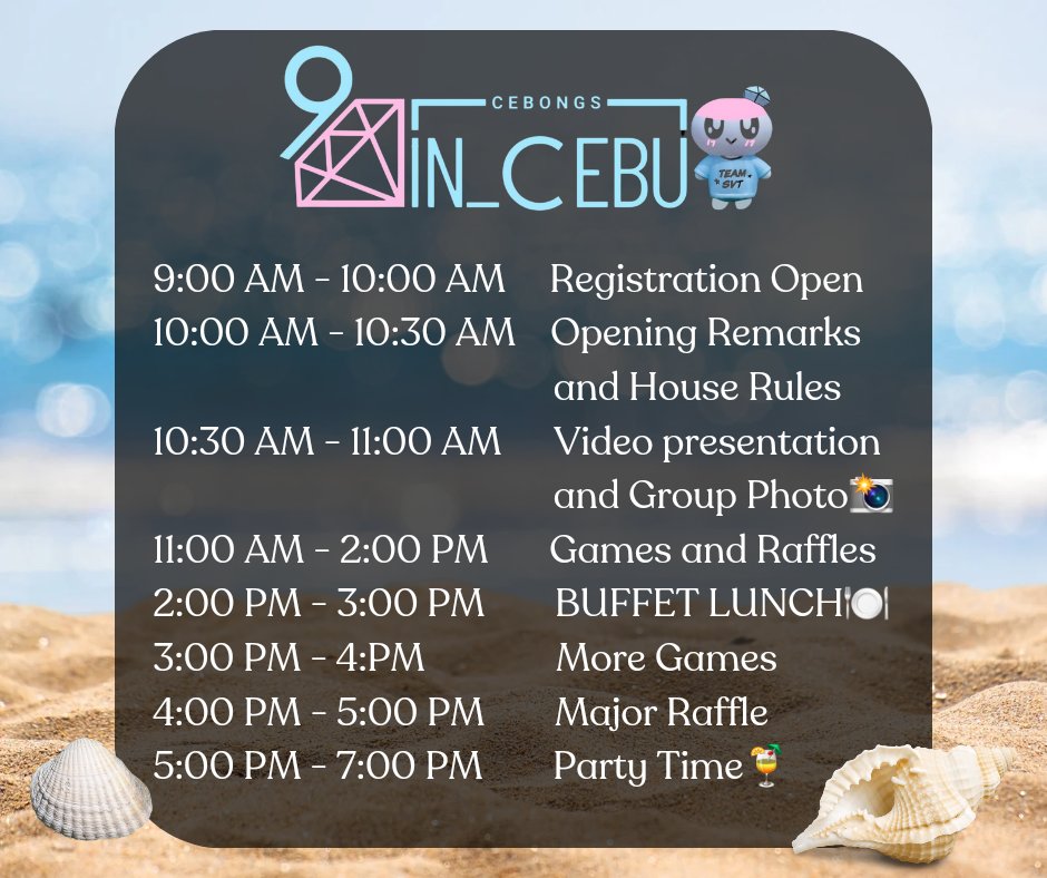 cebongdeuls's tweet photo. π #CARATs, get ready for an unforgettable day under the sun as we celebrate #SEVENTEEN's 9th Anniversary right here #In_CEBU πποΈ
Here's a sneak peek of what's in store, plus some important reminders to make sure you're ready for the fun! π€©
#CEBongs #CEBongdeuls https://t.co/EQmAVVplO8
