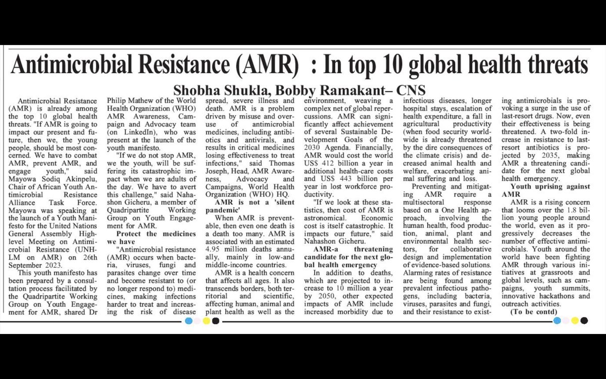 Part-1 #PublishedToday

#YouthManifesto in lead up to @UN High Level Meeting on #AntimicrobialResistance #AMR calls for accelerated action

Read more why!

⭐️The Sangai Express
epaper.thesangaiexpress.com/index.php?edit…

⭐️CNS
citizen-news.org/2024/05/youth-…

#UNHLM #UNHLMonAMR #UNHLMAMR #WHA77 #77WHA