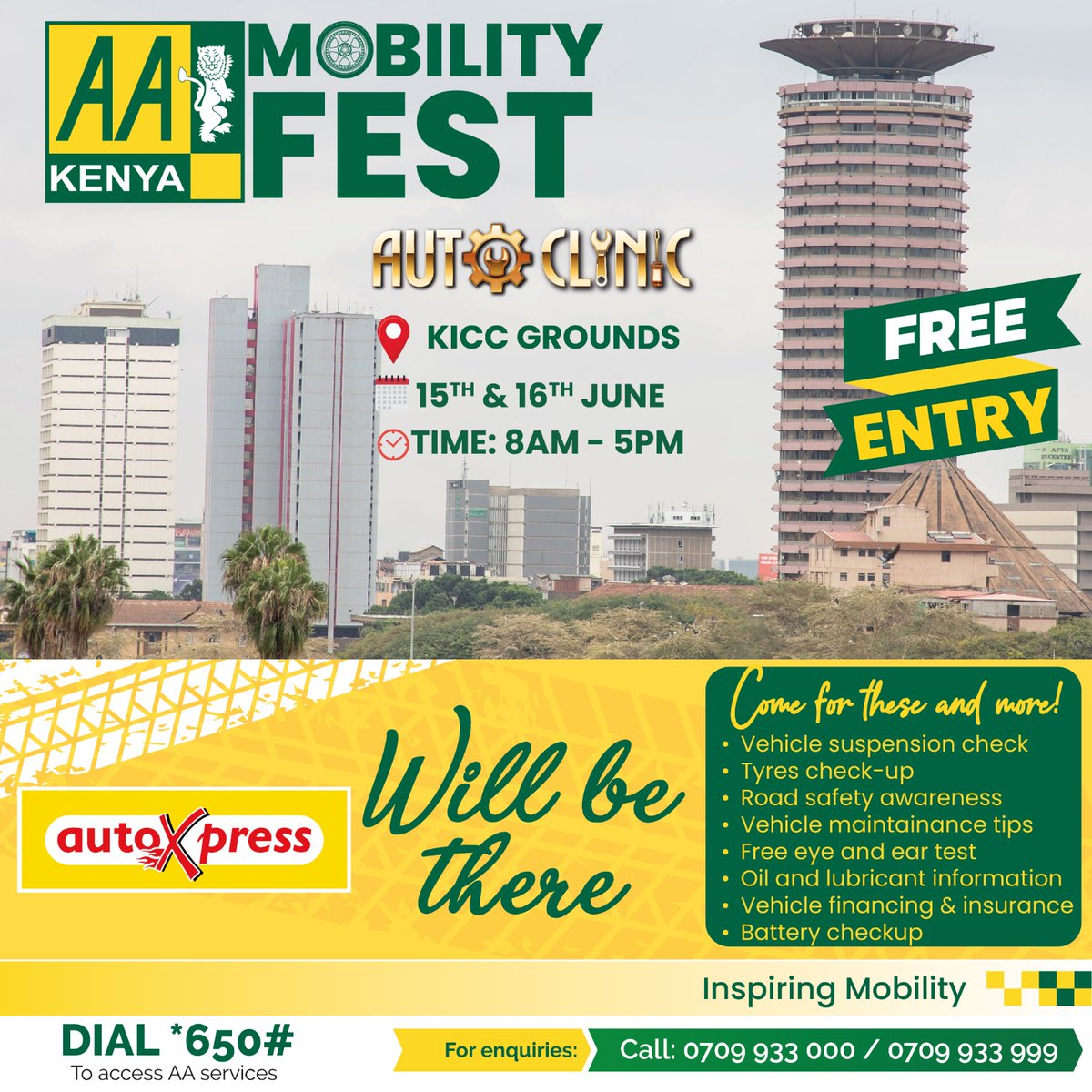 Prep your car for the road ahead! AutoXpress Kenya will be at the AA Autoclinic, offering Tyre check-ups, suspension checks, battery checks, and oil and lubricant info. Don't miss the chance to get expert advice and excellent care for your vehicle. See you at KICC Grounds on June