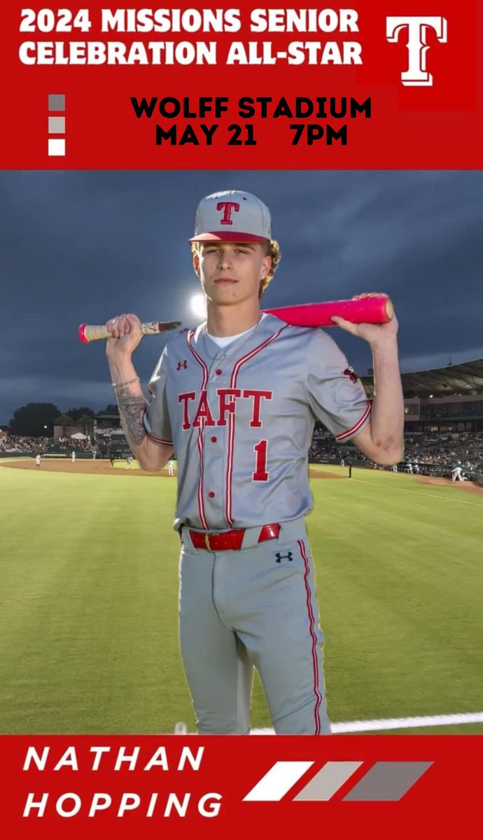 taft_club's tweet photo. Come show your support TONIGHT for TAFT Baseball Player Nate Hopping!!!
⏰ 7pm
📍 Nelson Wolff Stadium 
🎟️ Tickets will be sold at the gates(NO CASH) https://t.co/iJJj08LQjD