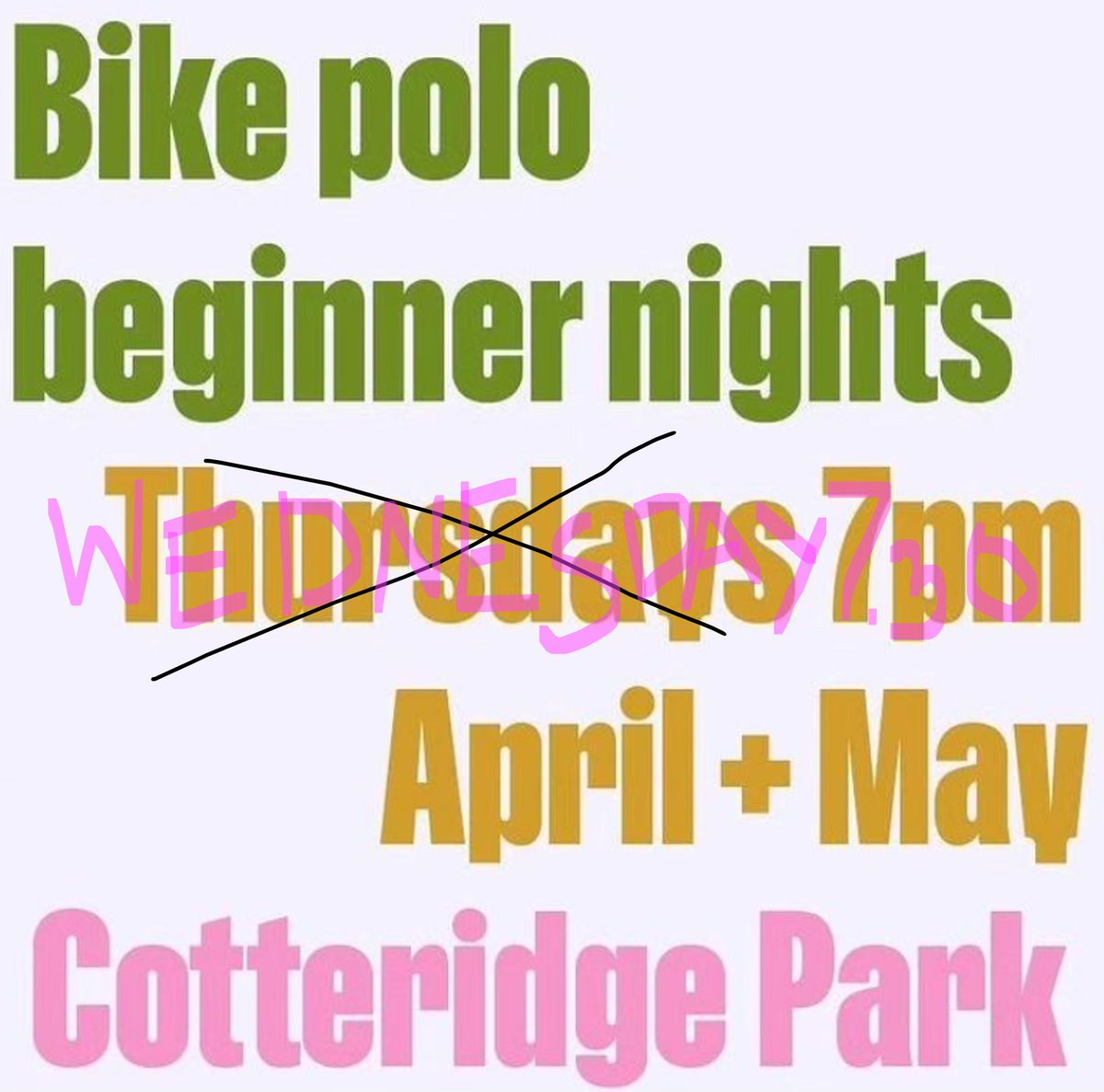 We've been running Thursday night beginner sessions and we're moving the last 2 to our usual Wednesday slot so that we can properly welcome new players to Brum Bike Polo!

Join us tomorrow night in Cotteridge Park from 7.30pm. We can loan bikes and equipment.