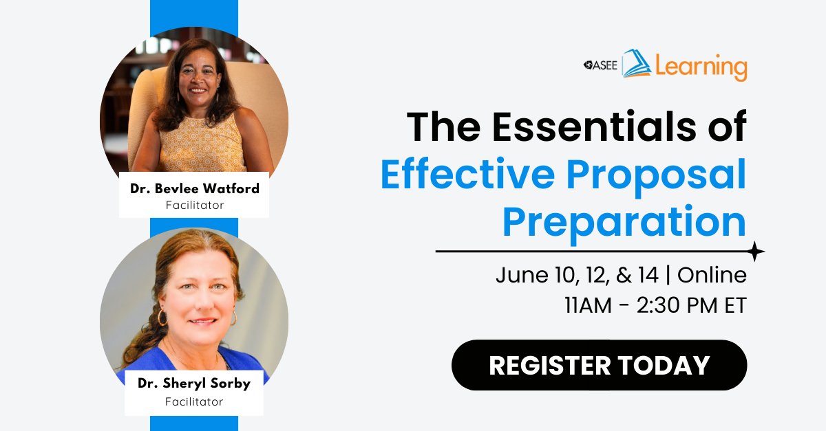 ASEE_DC's tweet photo. Led by Drs. Bevlee Watford and Sheryl Sorby, Essentials of Effective Proposal Preparation will help you craft a competitive education-oriented grant proposal for #NSF. Learn more and sign up: https://t.co/euZYjdCrOt
#grantwriting #proposalprep #EngEd https://t.co/Okp5755IDZ