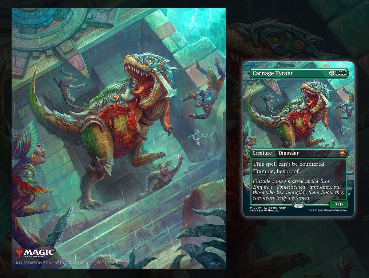 "Carnage Tyrant"🙂
MTG : Lost Caverns of Ixalan 
(c) Wizards of the Coast | A.D : Dawn Murin 
📺Process : youtu.be/rv8G6l73qD0 

#magicthegathering #mtgartist #paintingprocess #mtgart #mtg #artofmonztre #cardgame #tcg #ccg #wotc #illustration #fantasyart #ixalan #videotutorial