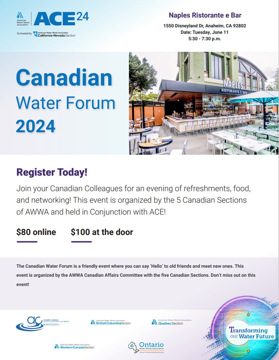 Are you attending ACE24 in Anaheim? 

Don’t miss the Canadian Water Forum! Get your tickets now: owwa.ca/events/index.h… 

Sponsorship opportunities available!
<a href="/awwa/">American Water Works Association</a>