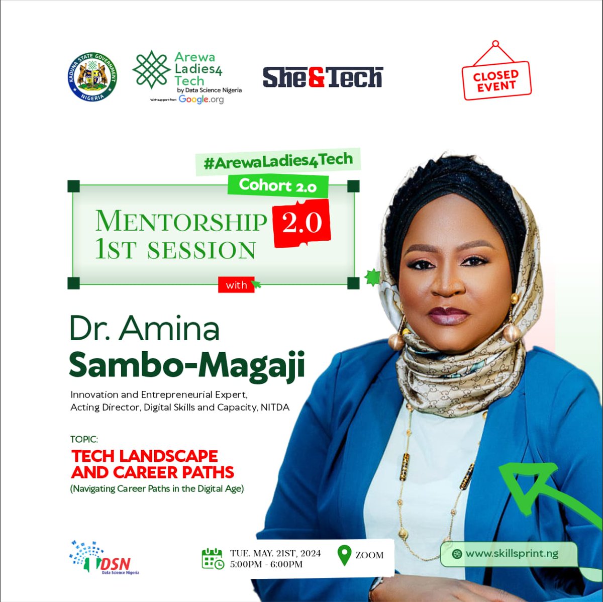 It's TODAY! Get ready for the first mentorship session of #ArewaLadies4Tech cohort 2.0. Have your pens & notepads ready! Join us this evening by 5PM to hear @DrSamboMagaji, a female tech leader share insights on the Tech Landscape and choosing career paths in the digital age.