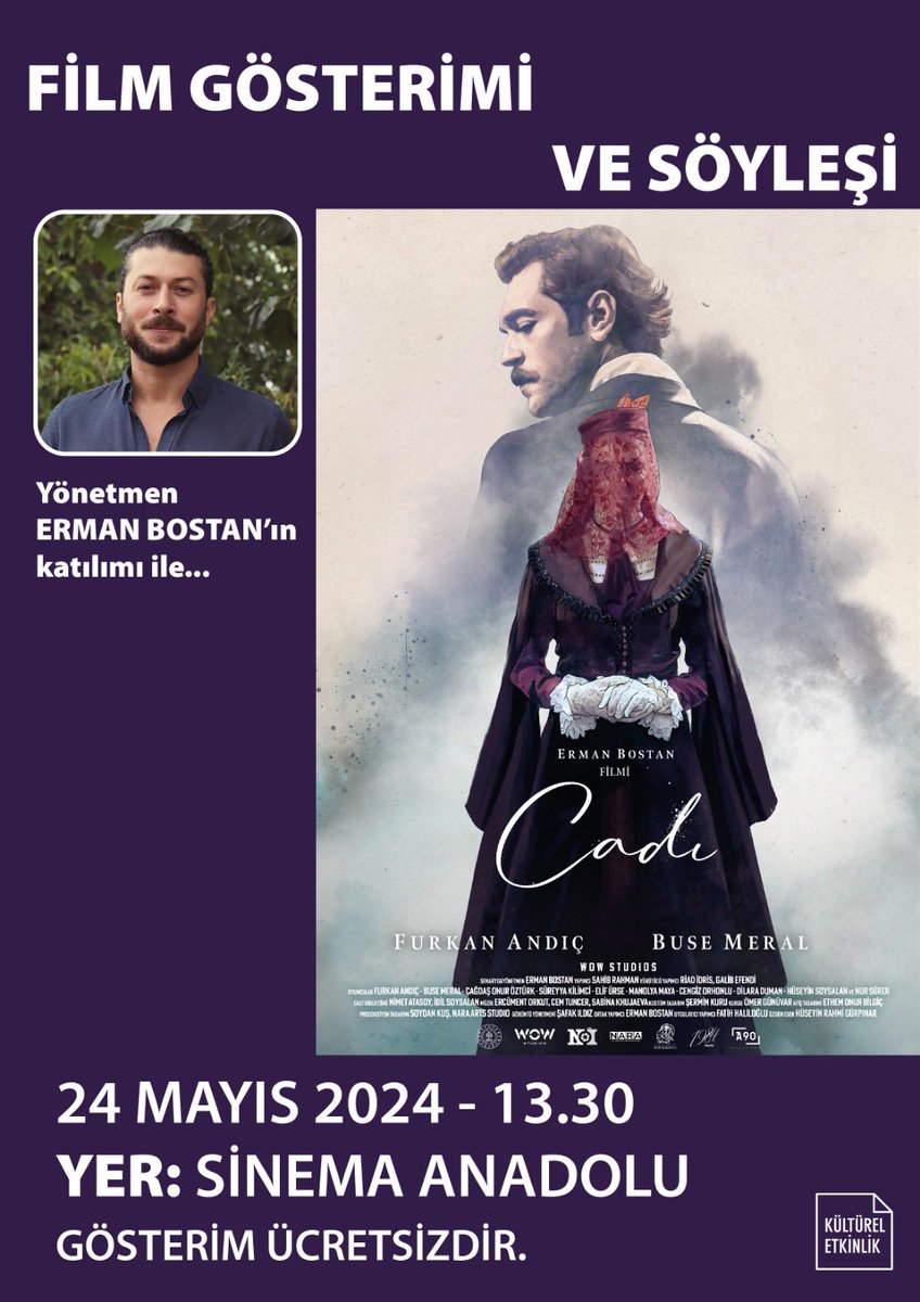 Anadolu_Univ's tweet photo. 🎬 Sinema Anadolu'da iki film sinemaseverlerle buluşuyor.

📽️ Saat 13.30'da Cadı filminin gösterimi ve ardından yönetmen Erman Bostan ile söyleşi
📽️ Saat 19.00'da Gasoline Rainbow film gösterimi

İki gösterim de KÜL199 Kültürel Etkinlikler kapsamında ve ücretsiz olarak gerçekleştirilecektir.