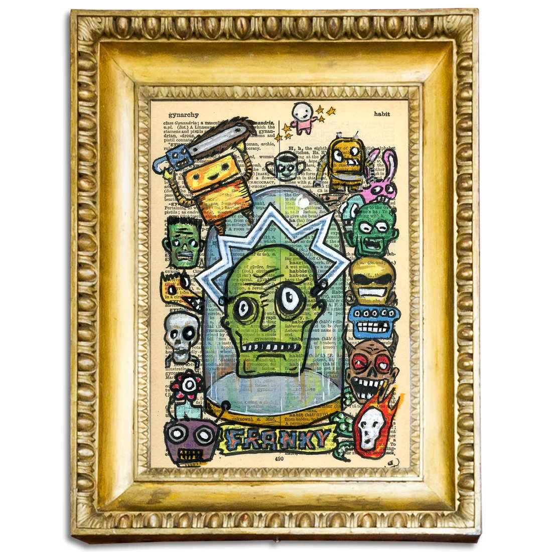 'Franky' is an artwork created with acrylic paints and markers on an upcycled vintage English dictionary page.
#funnyart #giftforhim #horrorart #creepeyart #upcycledart
artcursor.com/products/franky