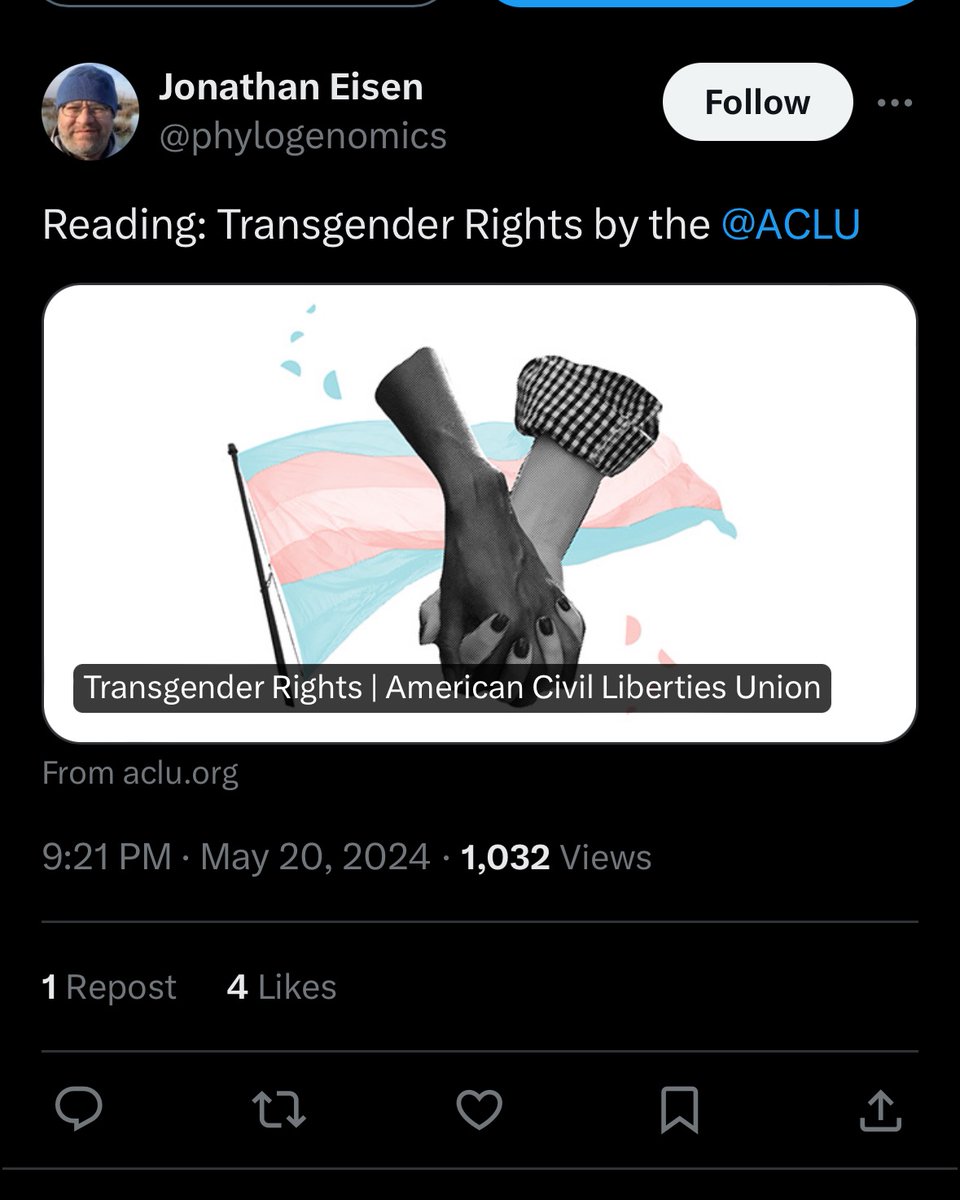 Hahaha. Who wants to tell UC Davis Prof. Jonathan Eisen that the @ACLU is actually a Men's Rights activist group now?

@phylogenomics  
@chasestrangio
