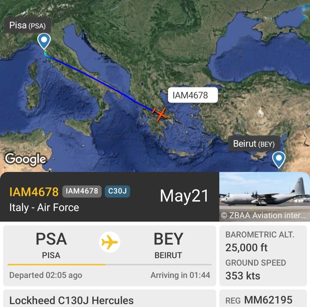 LebanonJets's tweet photo. Military: #Italy AirForce C130J #MM62195 hex #33FFE1 as #IAM4678 coming to #Beirut from #Pisa as seen on Mar1 https://t.co/HWjYdXWoaZ