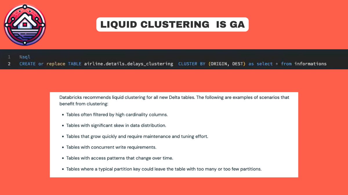 Support for liquid clustering is now generally available using Databricks Runtime +15.2 

Getting started with Delta Lake Liquid clustering youtube.com/watch?v=6g685a…

#DeltaLake #Databricks