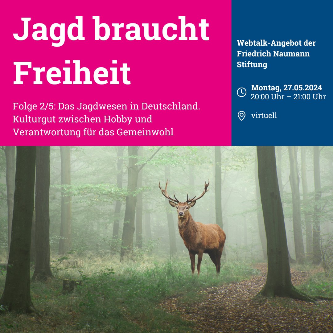 Gerne möchten wir noch einmal die Gelegenheit nutzen, euch auf die Veranstaltungsreihe 'Jagd braucht Freiheit' der Friedrich-Naumann-Stiftung hinzuweisen. In der zweiten von ingesamt fünf Folgen geht es um das Jagdwesen in Deutschland. Zu Gast sind diesmal neben VDB-Justiziar