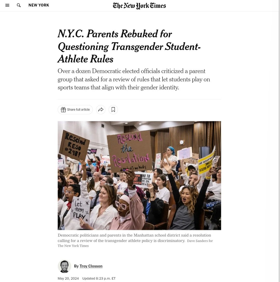 US: NYC parents requested a review of rules on trans-identified students playing on teams matching their 'gender identity,' citing challenges for youth athletes & girls' well-being. Chancellor called it 'despicable,' Dems labeled it 'hateful.'
Blatant suppression of fair request.