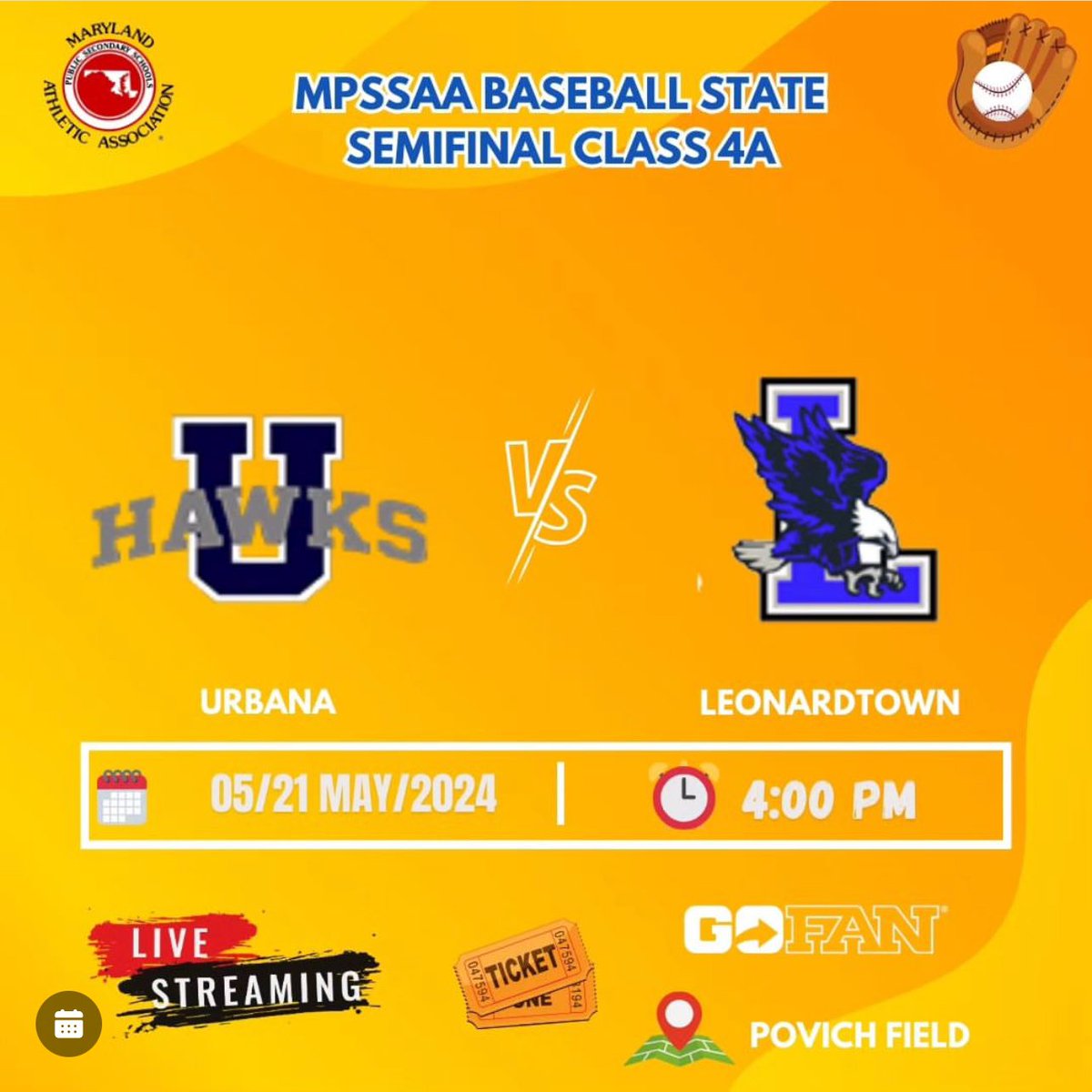 Game Day!!! 

MPSSAA 4A State Semifinal 

⚾️ vs. Leonardtown High School 
🗓 Tuesday May 21, 2024
⌚️4:00PM
📍Shirley Povich Field

<a href="/PrepBaseballMD/">Prep Baseball Maryland</a> @Xposure_Sports <a href="/Urbana_Hawks/">Urbana Athletics</a> <a href="/UHSBoosters/">UHS AthleticBoosters</a> <a href="/FrederickSports/">Frederick Sports</a> <a href="/FCPSAthletics/">Kevin Kendro, CMAA</a>