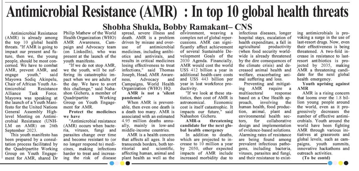 Part-1 #PublishedToday

#YouthManifesto in lead up to @UN High Level Meeting on #AntimicrobialResistance #AMR calls for accelerated action

Read more why!

⭐️The Sangai Express epaper.thesangaiexpress.com/index.php?edit… 

⭐️CNS
citizen-news.org/2024/05/youth-…

#UNHLM #UNHLMonAMR #UNHLMAMR #WHA77 #77WHA