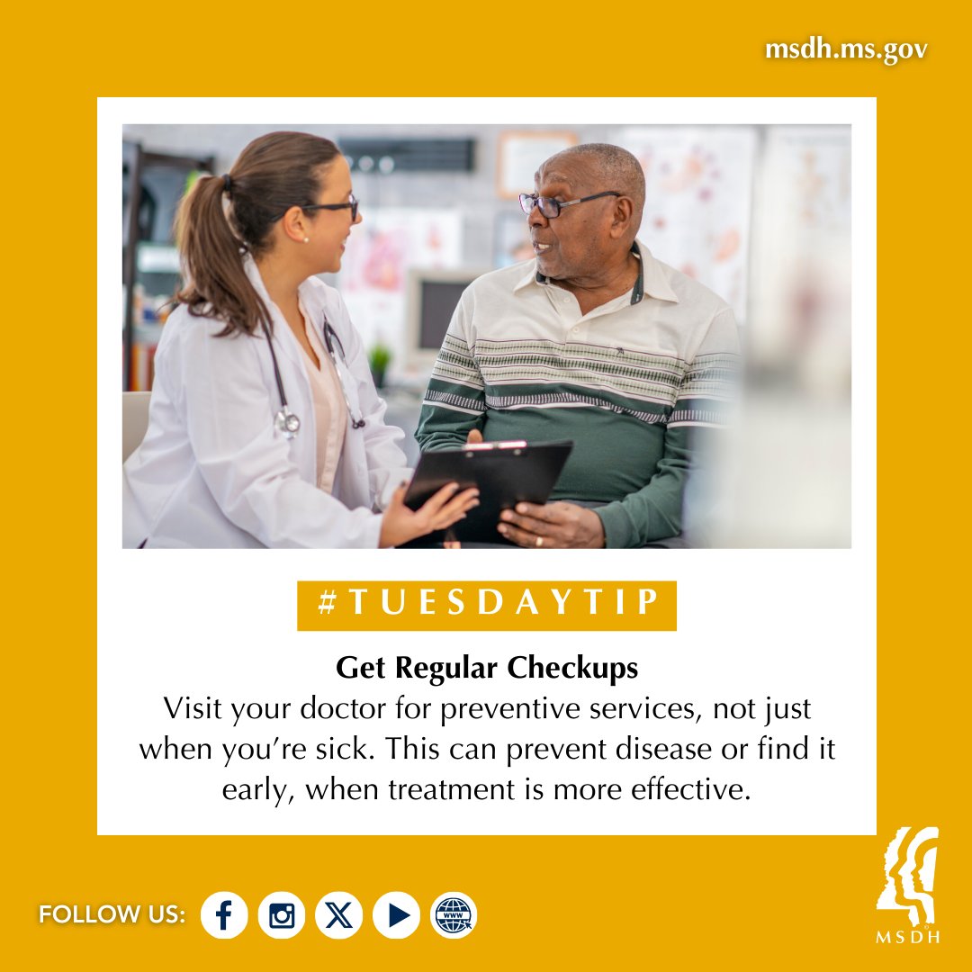 Regular check-ups are essential for staying healthy! Don't wait for symptoms to appear. Schedule your routine check-up today and take proactive steps towards better health. Prevention is key! #TuesdayTip #HealthyMS #HealthCantWait