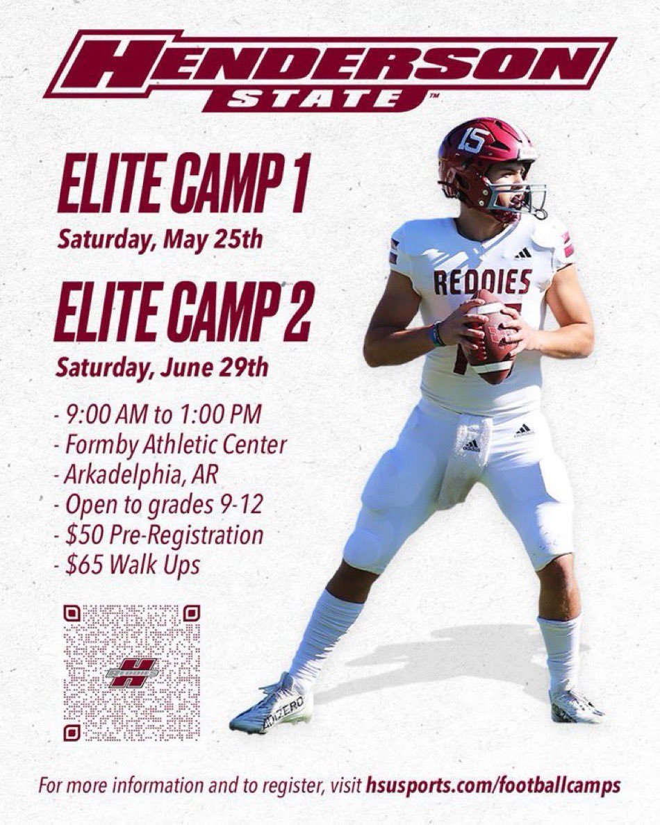 Thanks for the camp invite Henderson State. I am hoping I am able to make one. @CoachWarehime @ReddiesFB @CoachBeauTrahan @TerranceLovely @mmosley4_ @TylerLegacyFB @SR_scouting