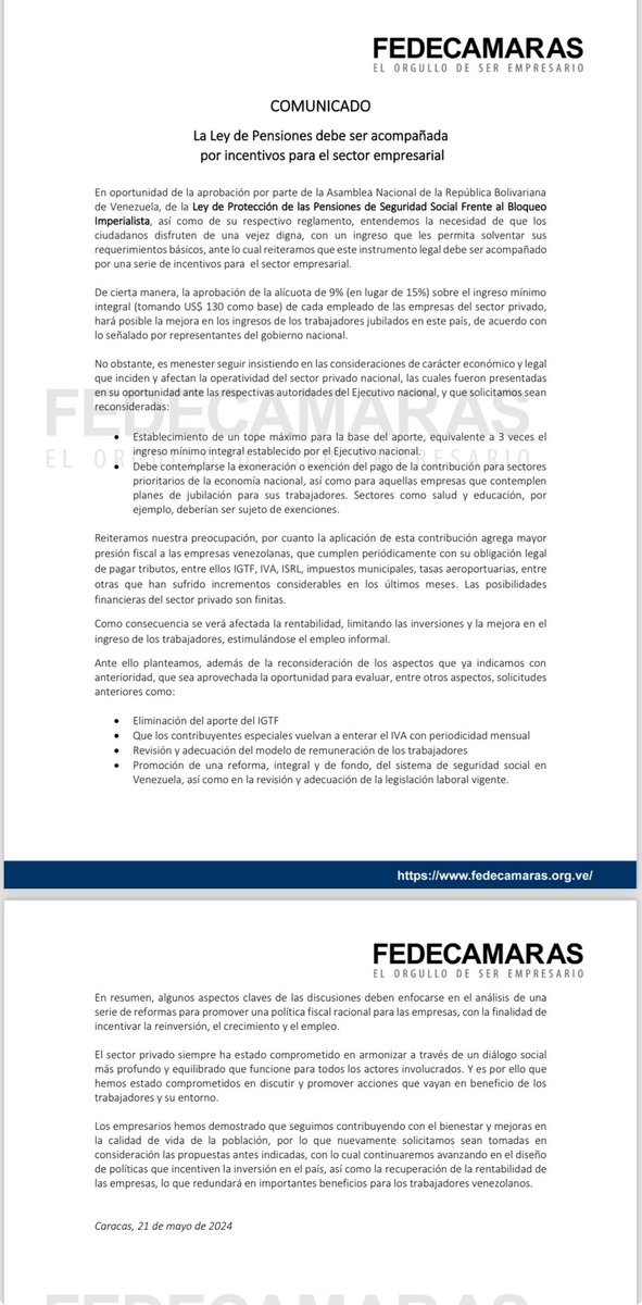 Comunicado de @fedecamaras “La Ley de Pensiones debe ser acompañada por incentivos para el sector empresarial” #21MAYO24 #Empresarios #Gremios #Venezuela