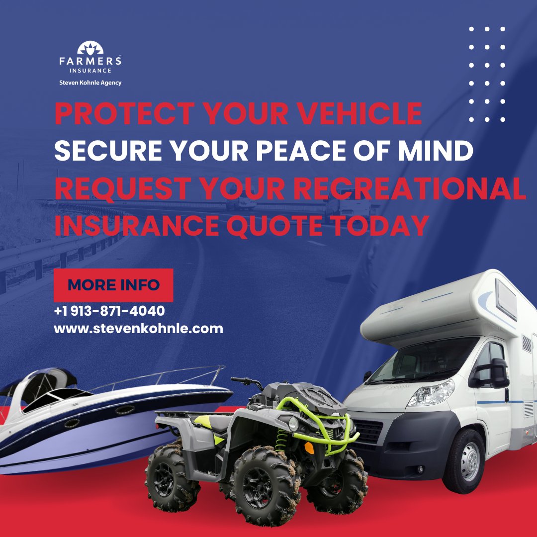 FarmersAgencyKC's tweet image. Safeguard your “Toys”, secure your peace of mind. Get your recreational insurance quote today with Steven Kohnle Agency.  Boats, RV’s, Travel Trailers, Motorcycles, Wave Runners, just to name a few.  Give me a call.

913-871-4040

#adventureprotected #recreationalinsurance