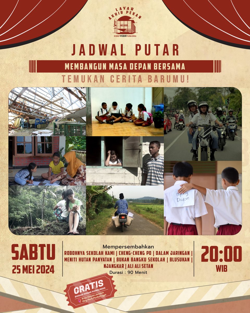 misbarpbg's tweet photo. Temukan Cerita Baru di Layar Akhir Pekan Bioskop Misbar Purbalingga!
Tema Bulan Mei: Membangun Masa Depan Bersama

Sabtu, 25 Mei 2024 | 20.00 WIB

Gratis!

Mari, kita selesaikan bulan Mei ini dengan semangat membangun masa depan bersama melalui film-film inspiratif! https://t.co/FkElSHLkGb