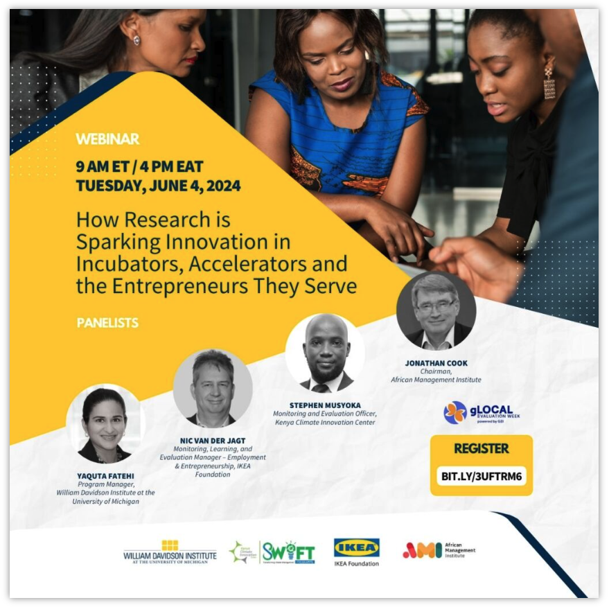 Heads up, #accelerators and #incubators: Learn how research can unlock innovation and attract funding in this free #webinar on June 4 at 9 AM ET/4 PM EAT with @IKEAFoundation @WDavidson_Inst @KenyaCIC @africamanager: bit.ly/3yk4hZ5 #socent #entrepreneurship #socimp