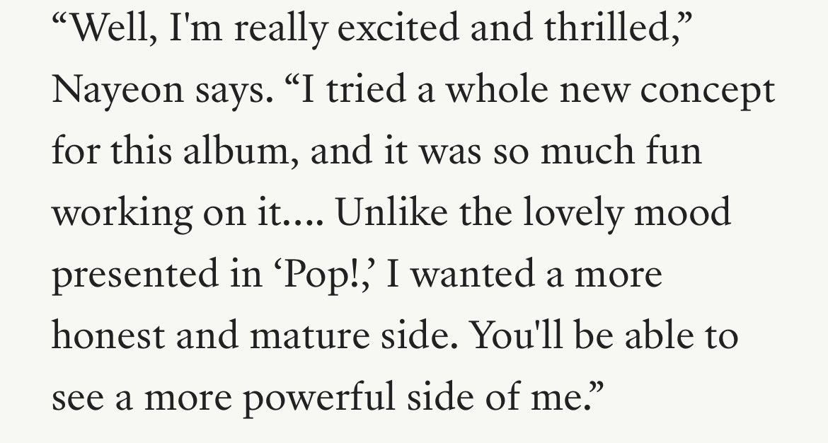 NAYEON a mentionnée 【 NA 】en disant qu'elle a préparer un tout nouveau concept plus mâture et puissante pour son nouvel album qui est très différent du concept 「 POP 」! Elle va nous sortir une dinguerie avec une chanson intitulé < ABCD > ? 😳 Mais on est pas prêt