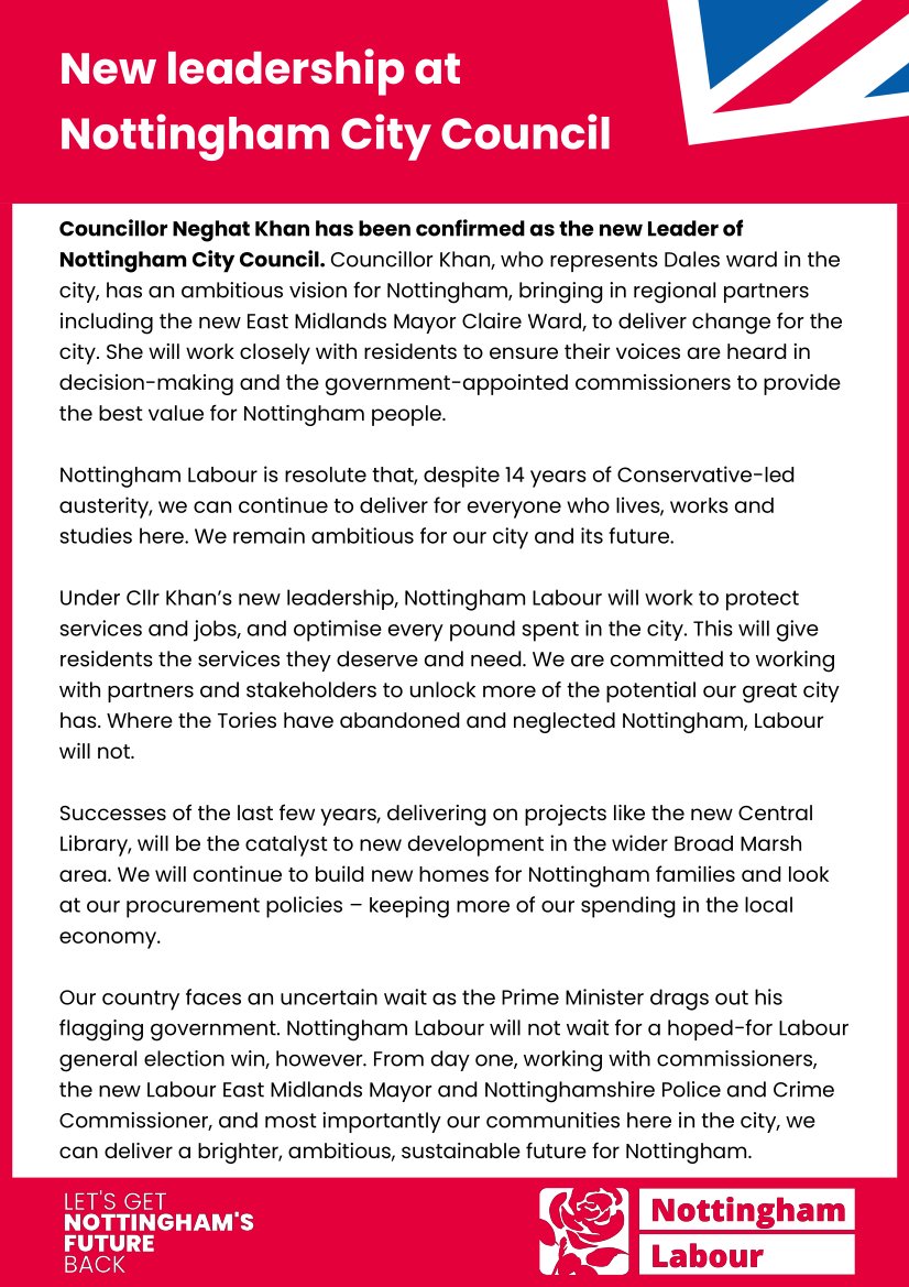 Following last night's AGM, Nottingham Labour is pleased that @CllrNeghat has been confirmed as the new Leader of @MyNottingham.

We will continue to be ambitious for our city, champion and work with our communities, and deliver the best deal for Nottingham people🌹