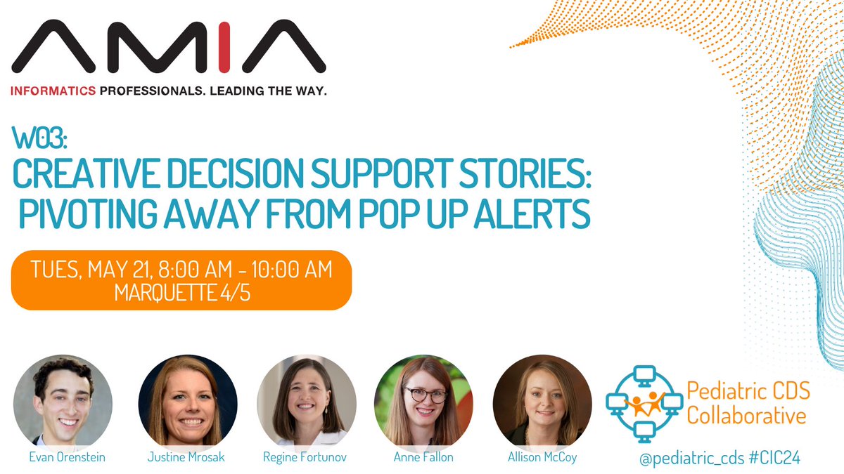 Pediatric Clinical Decision Support Collaborative (@pediatric_cds) on Twitter photo Don't miss our team presenting this morning at <a href="/AMIAinformatics/">AMIA</a> #CIC24 on creative ways to deliver #CDS that pivot from the traditional pop-up alerts. <a href="/allisonbmccoy/">Allison B. McCoy, PhD, ACHIP, FACMI, FAMIA</a> <a href="/evan_orenstein/">Evan Orenstein</a> @anneafallon <a href="/JustineMarieMD/">Justine Mrosak</a> Don't miss our team presenting this morning at <a href="/AMIAinformatics/">AMIA</a> #CIC24 on creative ways to deliver #CDS that pivot from the traditional pop-up alerts. <a href="/allisonbmccoy/">Allison B. McCoy, PhD, ACHIP, FACMI, FAMIA</a> <a href="/evan_orenstein/">Evan Orenstein</a> @anneafallon <a href="/JustineMarieMD/">Justine Mrosak</a>