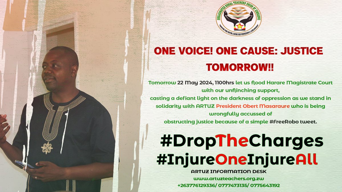 COURT UPDATE: PRESIDENT MASARAURE JUDGEMENT DAY

Harare Magistrate Court, tomorrow 22 May 2024, 1100hrs (Court 18.)
Let us stand in solidarity with Pres <a href="/OMasaraure/">Obert</a>, who is wrongfully accused for obstruction of justice (#Free <a href="/robohchere/">Robson Chere</a> tweet.)Let's be there in numbers!!!