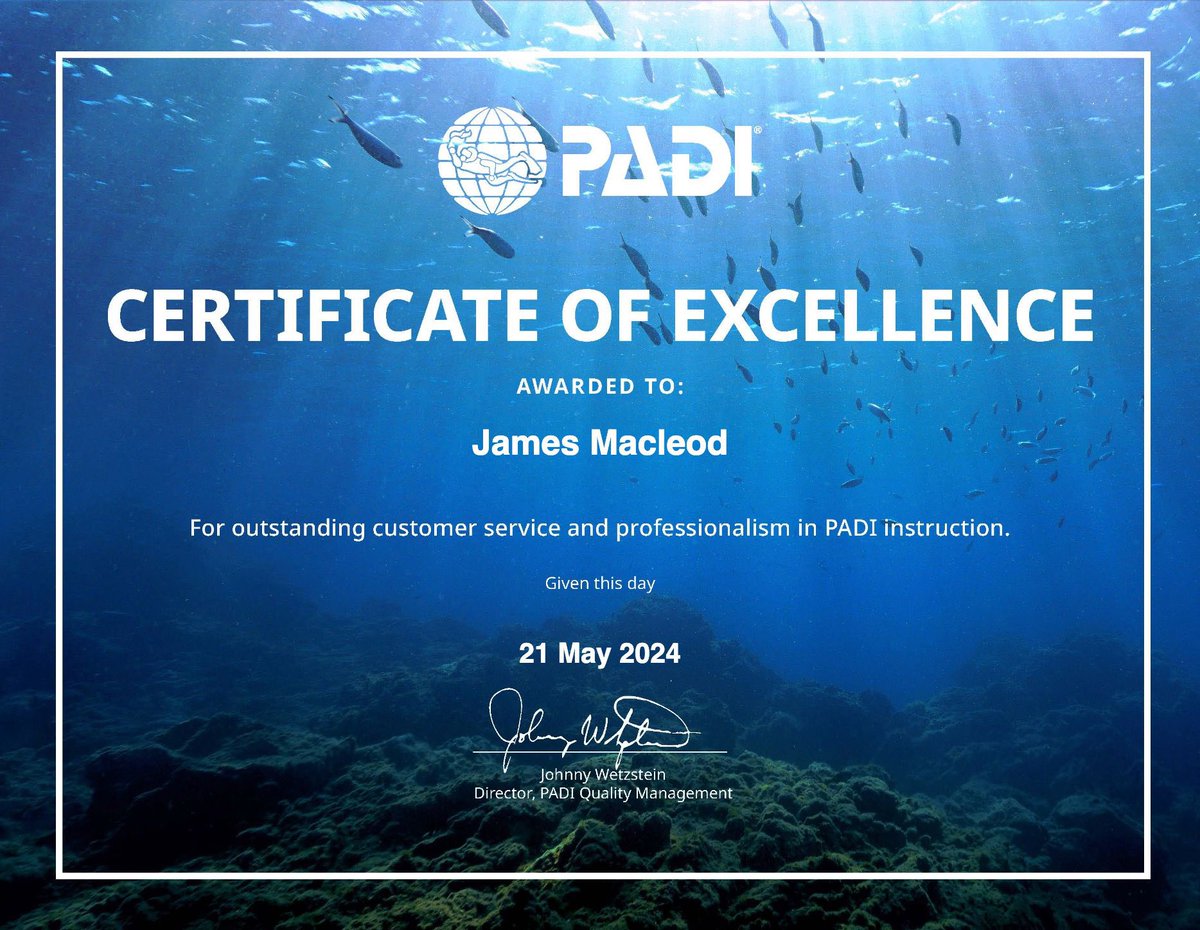 👏 We have a second PADI Certificate of Excellence Award! Congrats to our instructor James McLeod.  As James says “We don’t do it for recognition, we do it to share our passion & introduce others to the wonders of the deep.” 👏👏

#padi #paditv #northamptonscubaschool