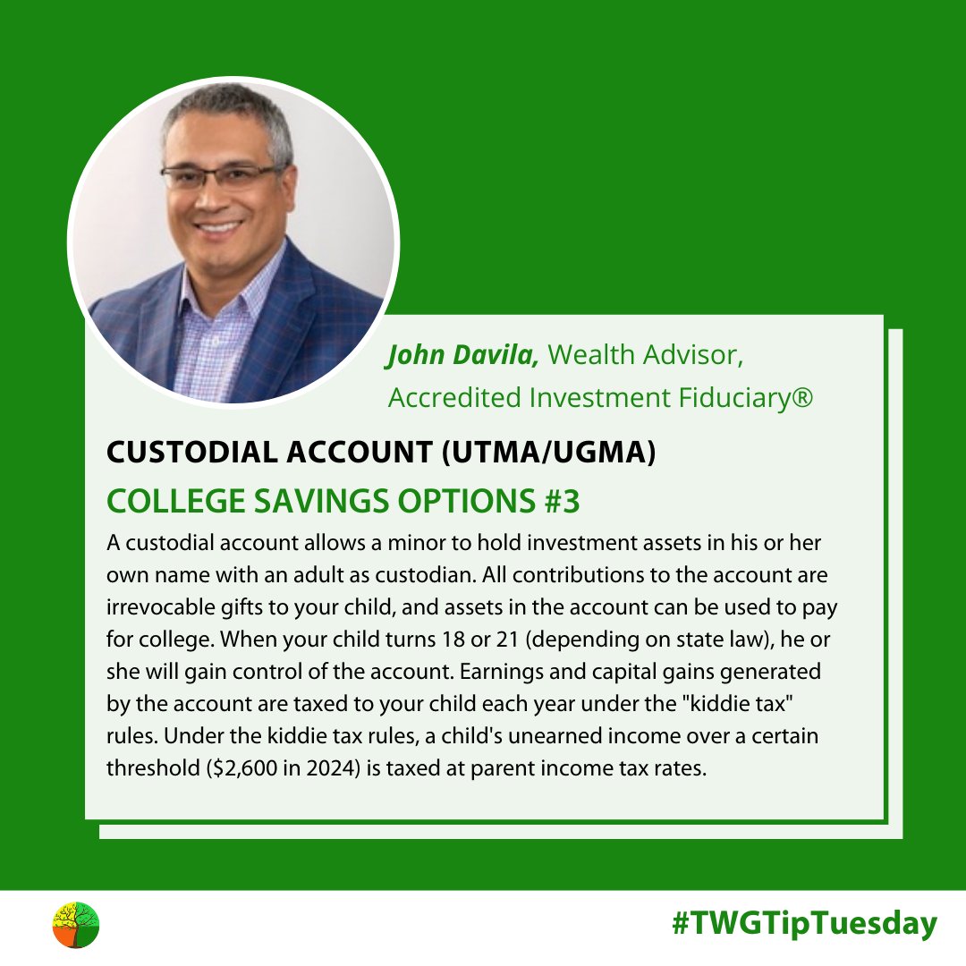 TWGWealthPlan's tweet image. College Savings Option #3: Custodial Account (UTMA/UGMA)
 
Learn More: hubs.ly/Q02wNMyZ0
 
#CollegeSavings #UTMA #UGMA #FinancialPlanning #FinancialAdvisor #TWGWealthPlanning